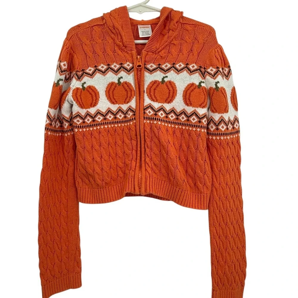 Gymboree Girls Size 7 Lil Pumpkin Fair Isle Cable Knit Hooded Sweater Fall